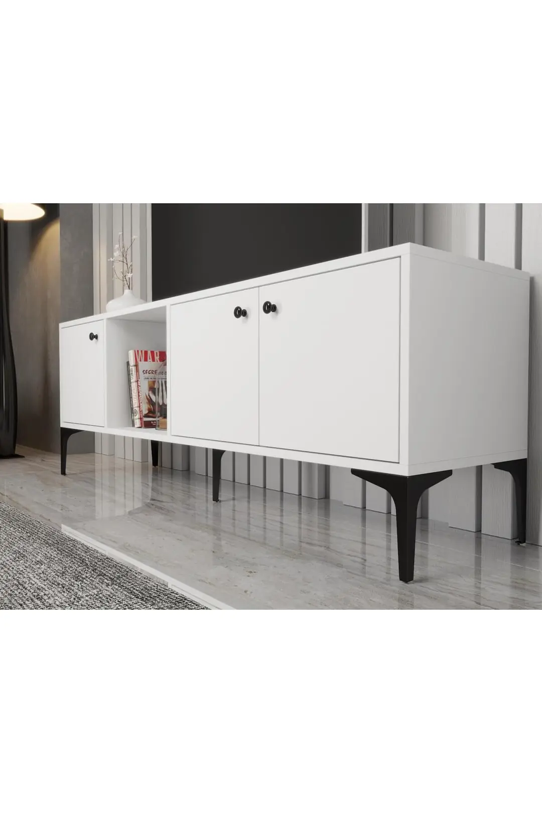 Hira 160 Cm Metal Ayaklı Tv Ünitesi - Beyaz / Siyah